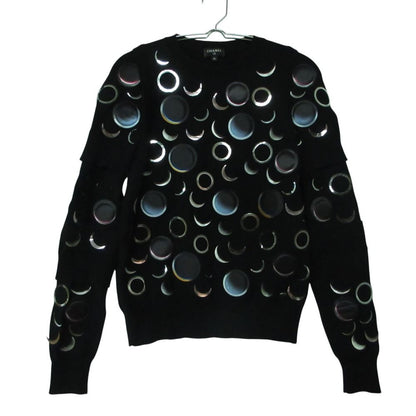 Chanel Cashmere Knit Sweater Crew Neck Long Sleeve Layered Style Moon Black 36