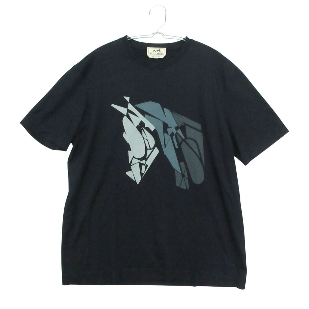Hermes Short Sleeve T-Shirt Horse Graphic Cotton Stretch Top Navy
