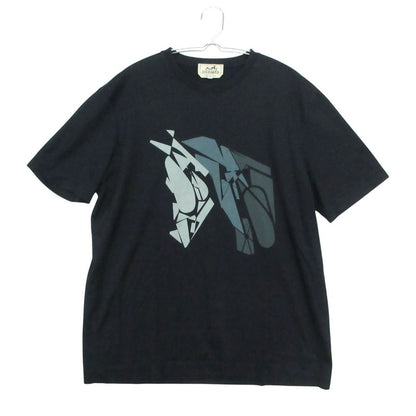 Hermes Short Sleeve T-Shirt Horse Graphic Cotton Stretch Top Navy
