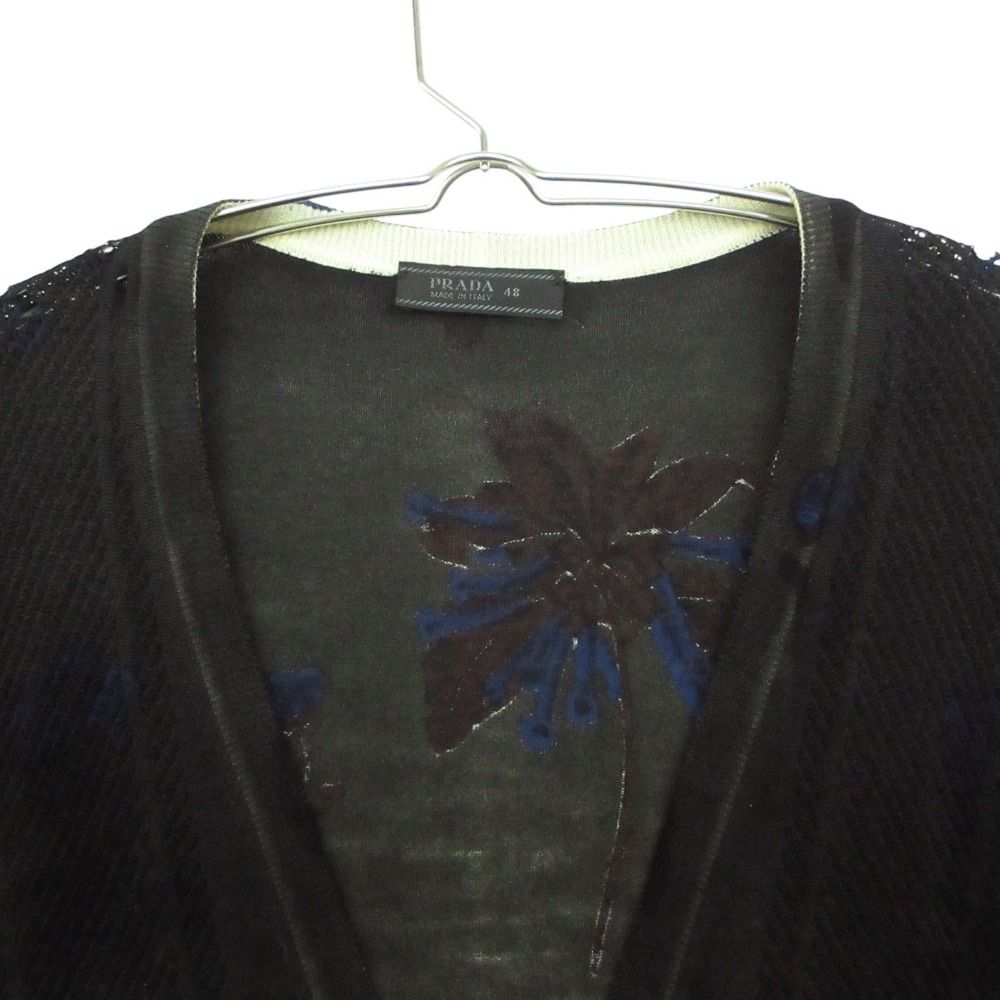 Prada Knit Cardigan Long Sleeve Mesh Contrast Floral Pattern Black 48 — view 3