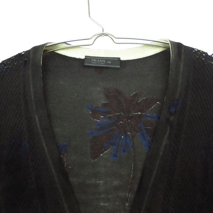 Prada Knit Cardigan Long Sleeve Mesh Contrast Floral Pattern Black 48 — view 3