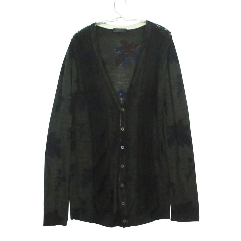 Prada Knit Cardigan Long Sleeve Mesh Contrast Floral Pattern Black 48