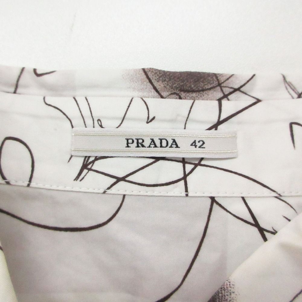 Prada Long Sleeve Shirt Dress Art Graphic All Over Pattern Cotton Top White 42 — view 7