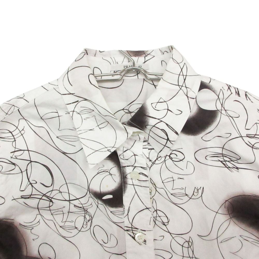 Prada Long Sleeve Shirt Dress Art Graphic All Over Pattern Cotton Top White 42 — view 4