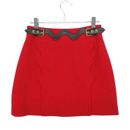 Louis Vuitton Mini Skirt Scalloped Leather Belted Wool Red 34