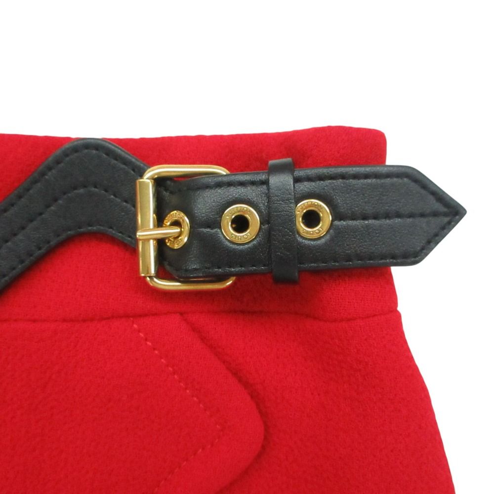 Louis Vuitton Mini Skirt Scalloped Leather Belted Wool Red 34 — view 3