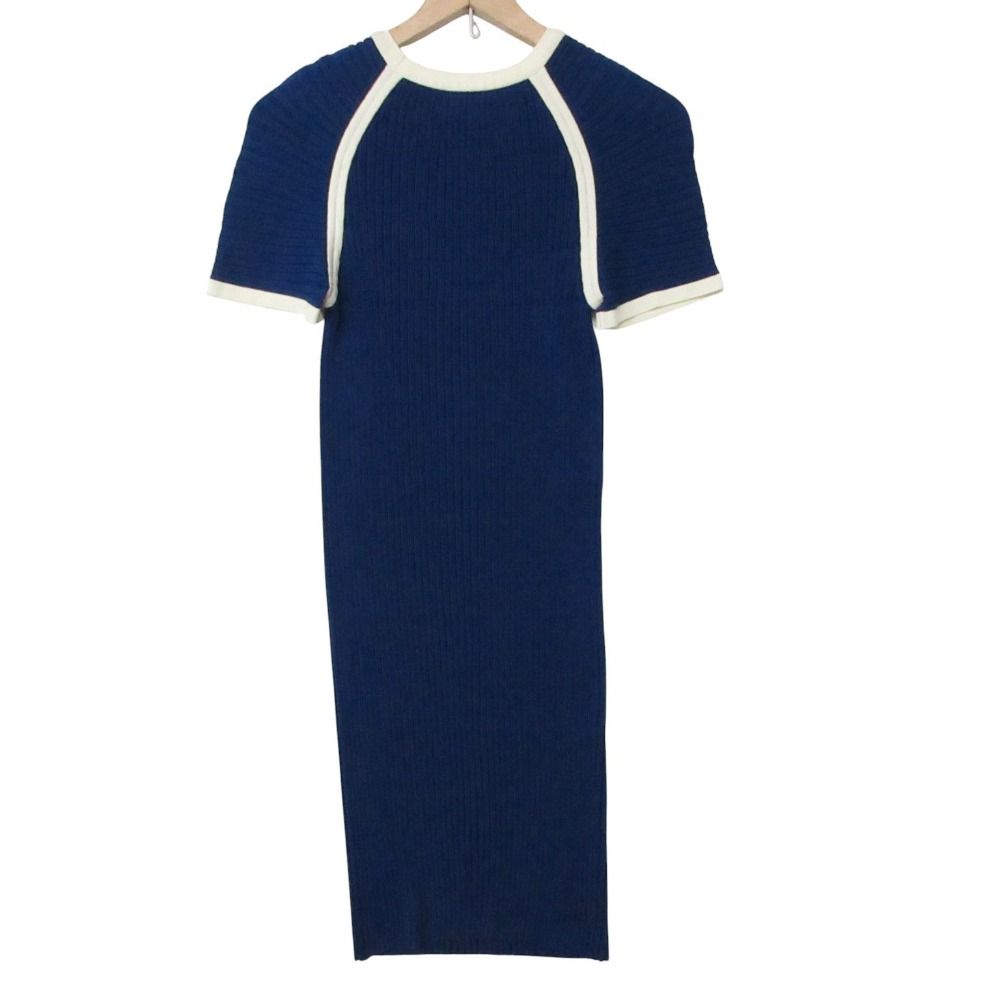 Chanel Rib Knit Dress Short Sleeve Piping Bicolor Blue 34 — view 2