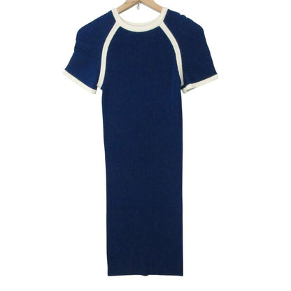Chanel Rib Knit Dress Short Sleeve Piping Bicolor Blue 34