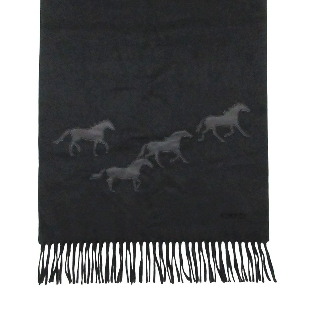 Hermes Scarf Shawl Cashmere Wild Horse Leather Patch Black — view 2