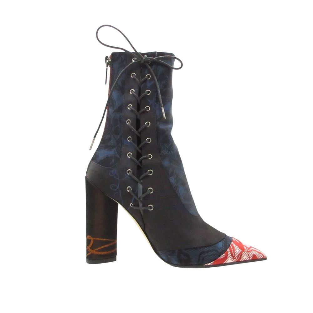 Dior Boots Satin Lace Up Back Zip Heels Floral Shoes Navy — view 2
