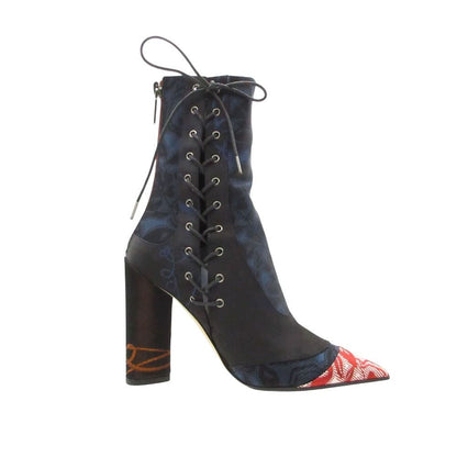 Dior Boots Satin Lace Up Back Zip Heels Floral Shoes Navy — view 2