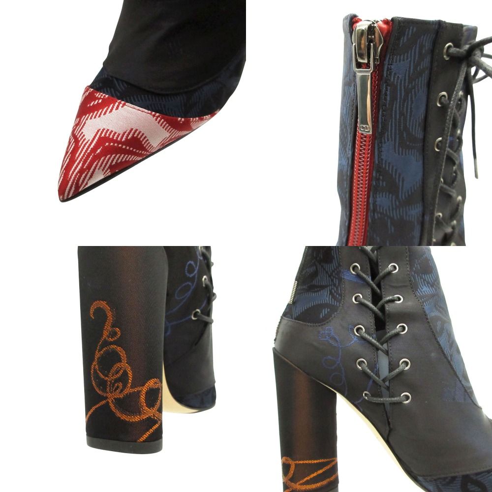Dior Boots Satin Lace Up Back Zip Heels Floral Shoes Navy — view 9
