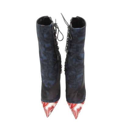 Dior Boots Satin Lace Up Back Zip Heels Floral Shoes Navy — view 5