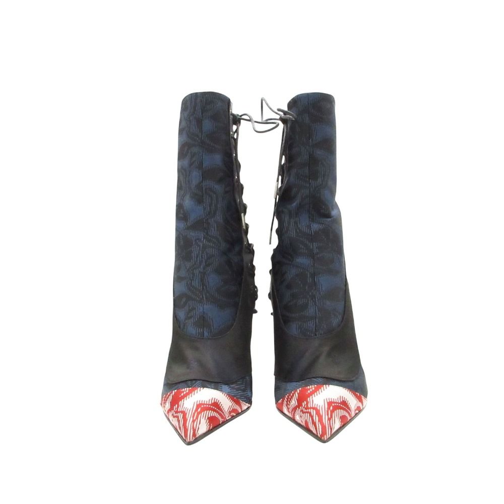 Dior Boots Satin Lace Up Back Zip Heels Floral Shoes Navy — view 3