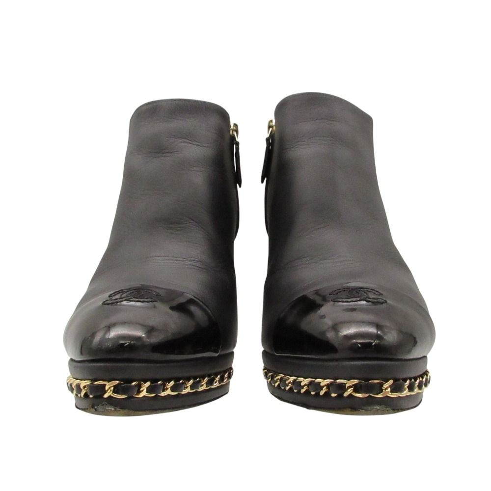 Chanel Boots Leather Ankle Short Chain Decoration Cap Toe CC Logo Shoes Black — view 3
