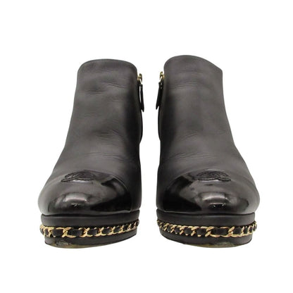 Chanel Boots Leather Ankle Short Chain Decoration Cap Toe CC Logo Shoes Black — view 3