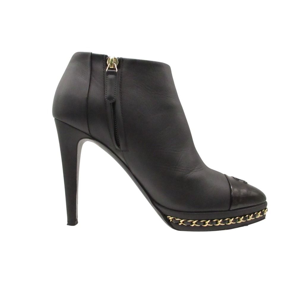 Chanel Boots Leather Ankle Short Chain Decoration Cap Toe CC Logo Shoes Black — view 2