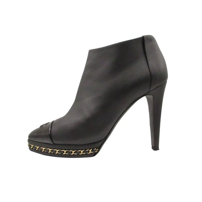 Chanel Boots Leather Ankle Short Chain Decoration Cap Toe CC Logo Shoes Black