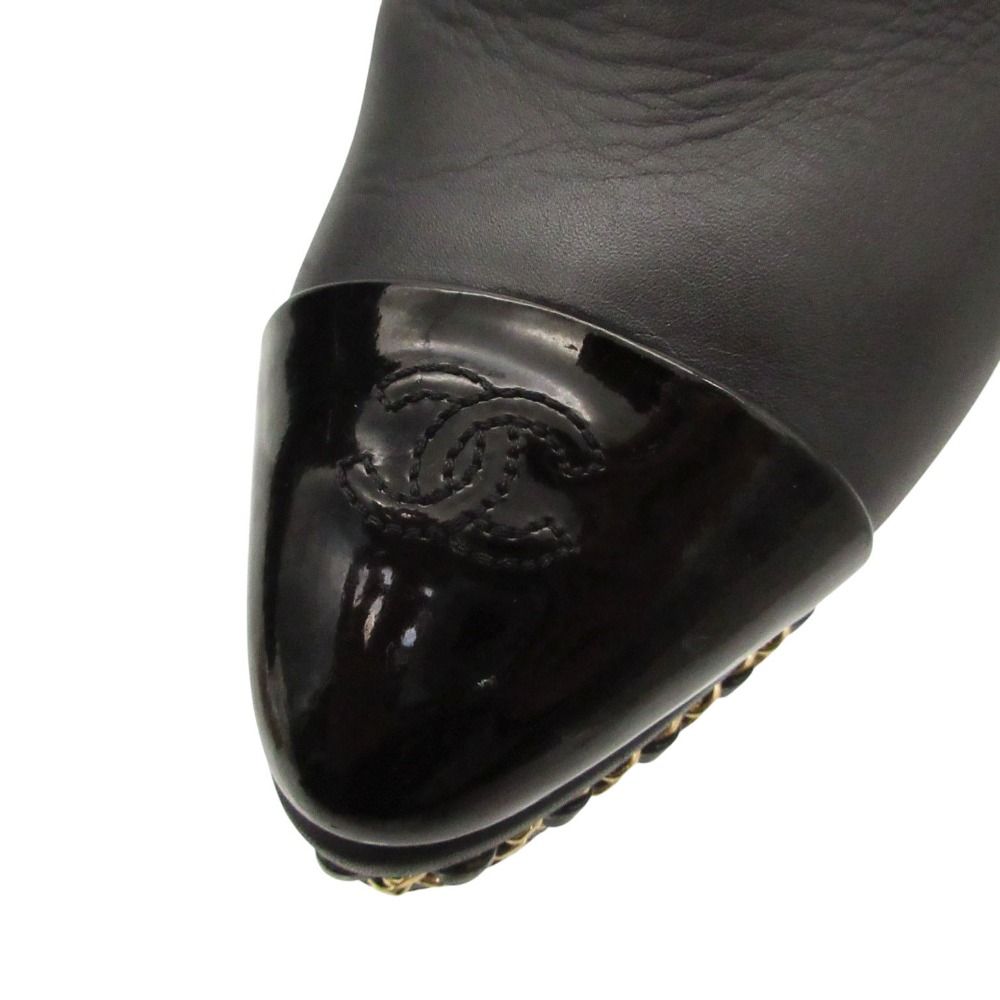 Chanel Boots Leather Ankle Short Chain Decoration Cap Toe CC Logo Shoes Black — view 7