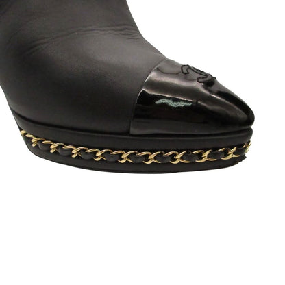 Chanel Boots Leather Ankle Short Chain Decoration Cap Toe CC Logo Shoes Black — view 8