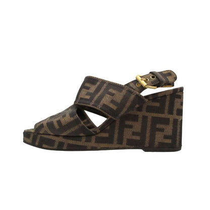 Fendi Sandals Zucca Pattern Wedge Sole Belt Shoes Brown