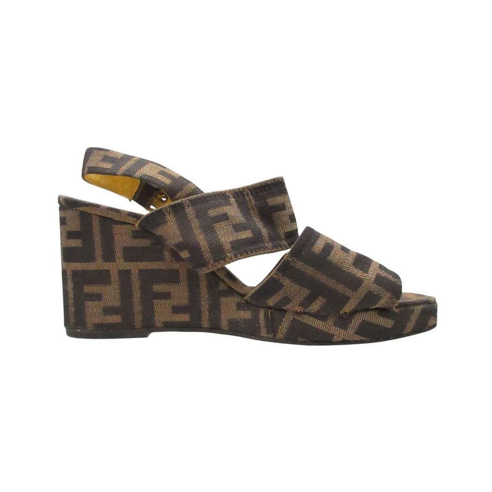 Fendi Sandals Zucca Pattern Wedge Sole Belt Shoes Brown — view 2
