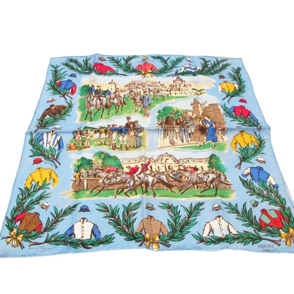 Hermes Scarf Carre 40 Petit Chantilly Stadium Silk 100% Blue