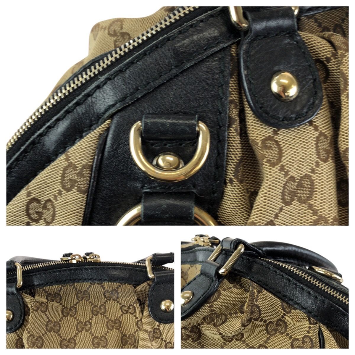 Gucci Ski 2-Way Beige Black Gold GG Canvas Leather Shoulder — view 5