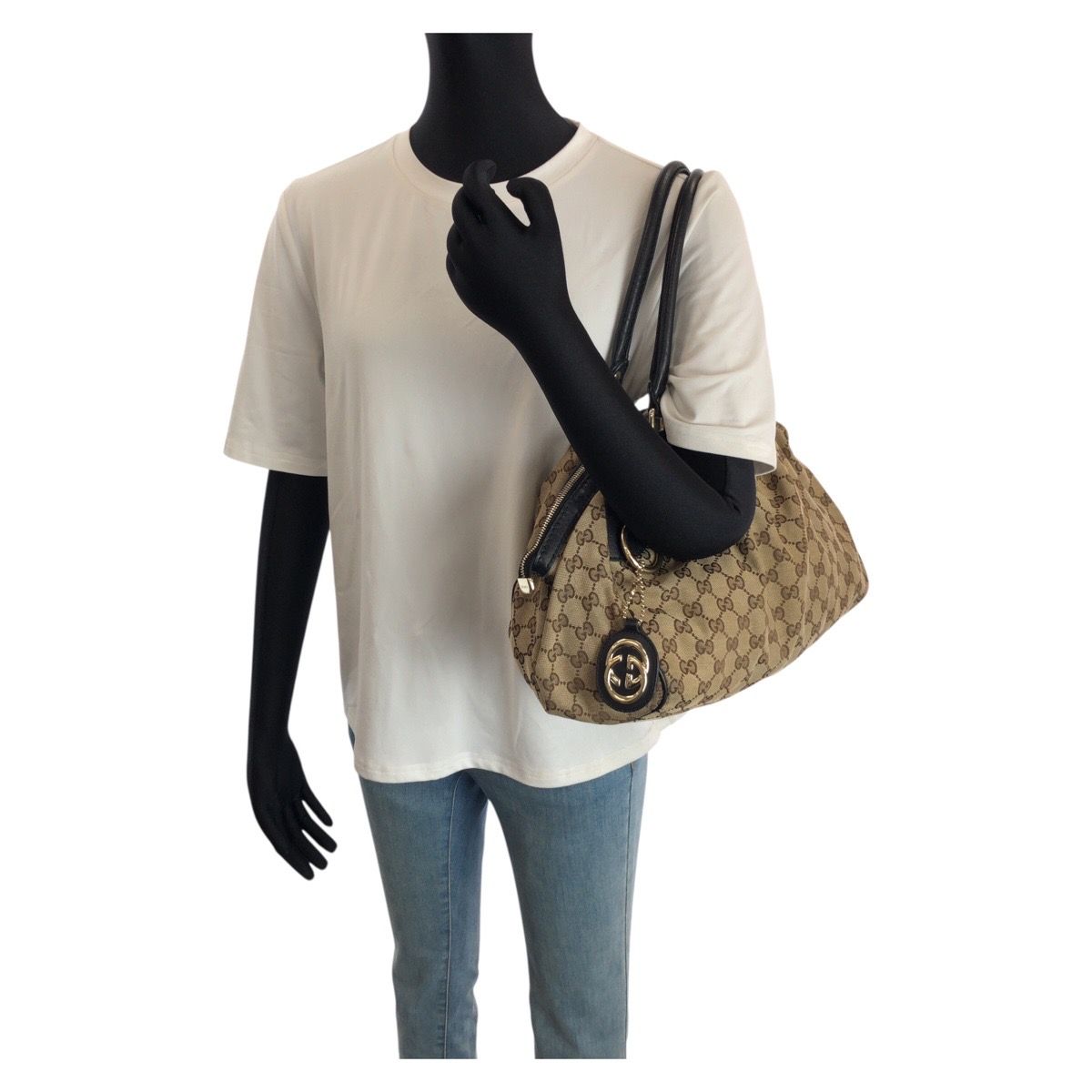 Gucci Ski 2-Way Beige Black Gold GG Canvas Leather Shoulder — view 7