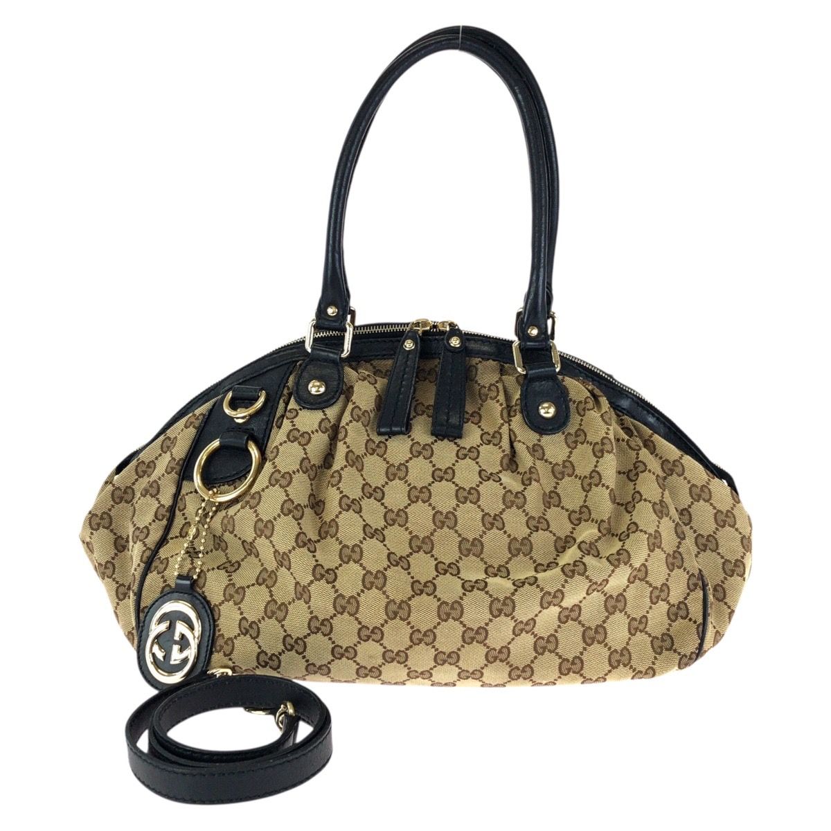 Gucci Ski 2-Way Beige Black Gold GG Canvas Leather Shoulder