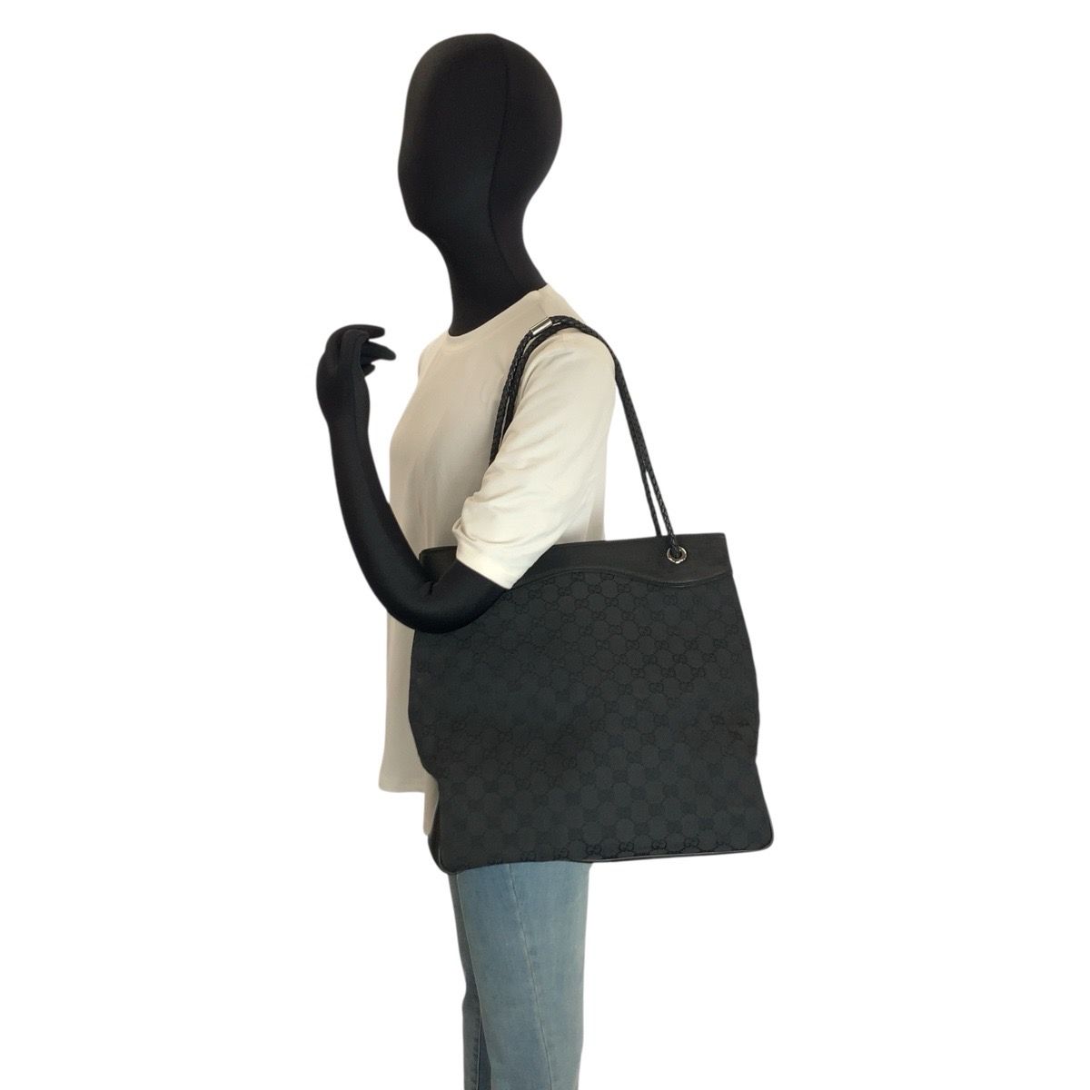 Gucci Black GG Canvas Leather Tote Shoulder — view 7