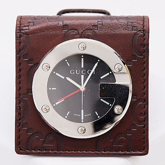 Gucci Travel Clock 200 SS Quartz Black Dial GG Pattern Table