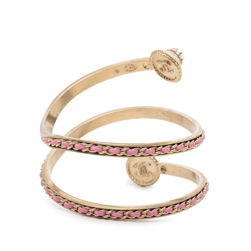 Chanel CC Logo Chain Bangle S Silver Pink Brass Leather Faux Pearl 1- Bracelet — view 3