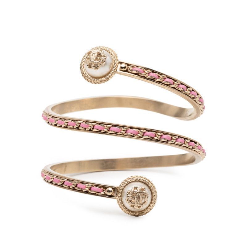 Chanel CC Logo Chain Bangle S Silver Pink Brass Leather Faux Pearl 1- Bracelet