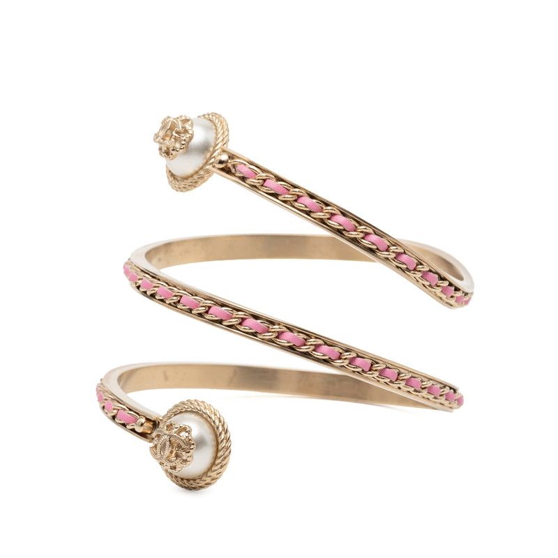 Chanel CC Logo Chain Bangle S Silver Pink Brass Leather Faux Pearl 1- Bracelet — view 2