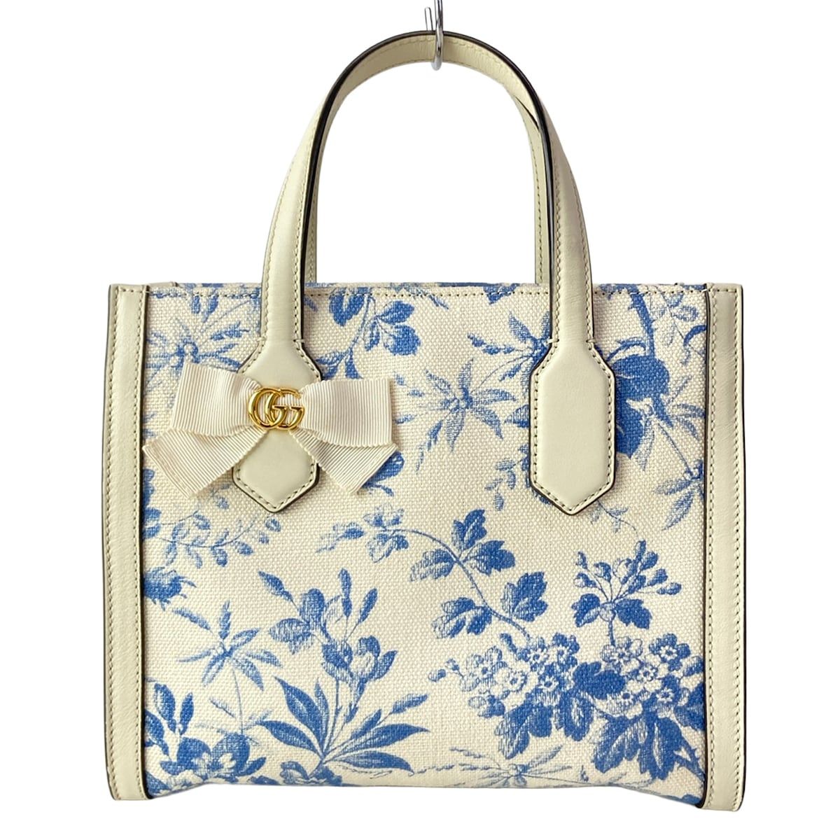 Gucci Tote GG Ribbon Herbarium Ivory Blue Floral Leather