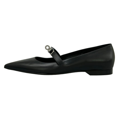 Hermes Flat Shoes 36 Kelly Buckle Black Silver Leather