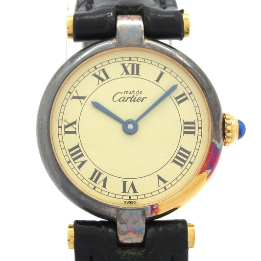 Cartier Watch Must Vande Mvermeil 925 Sterling Silver External Leather Beige