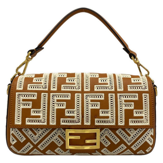 Fendi Handbag Mamma Bucket Brown White FF Embroidery Leather