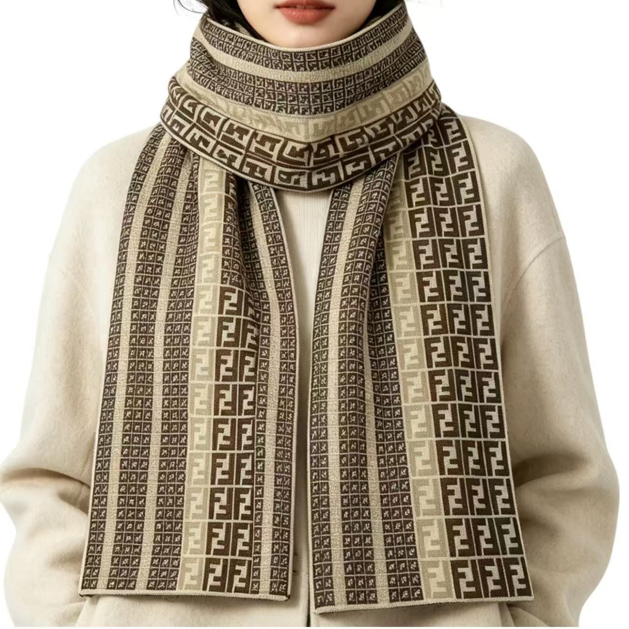 Fendi Zucca Pattern FF Logo Scarf Shawl Beige — view 3