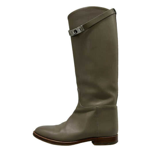 Hermes Long Boots 37.5 Jumping Gray Beige Kelly Buckle Silver Leather
