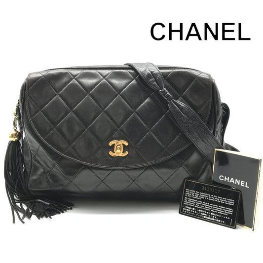 Chanel CC Logo Quilted Lambskin Leather Fringe Shoulder Bag Crossbody Black