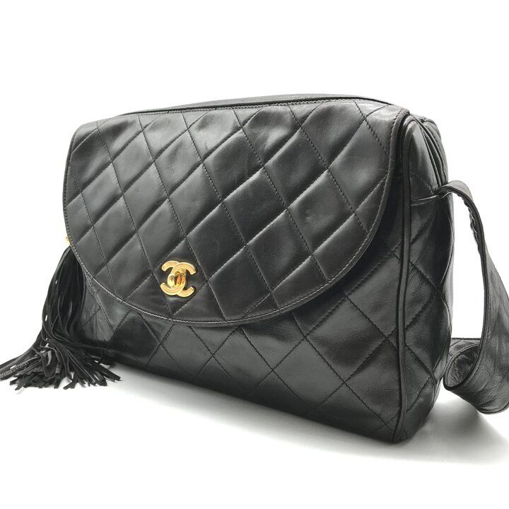 Chanel CC Logo Quilted Lambskin Leather Fringe Shoulder Bag Crossbody Black — view 2