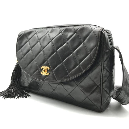 Chanel CC Logo Quilted Lambskin Leather Fringe Shoulder Bag Crossbody Black — view 2