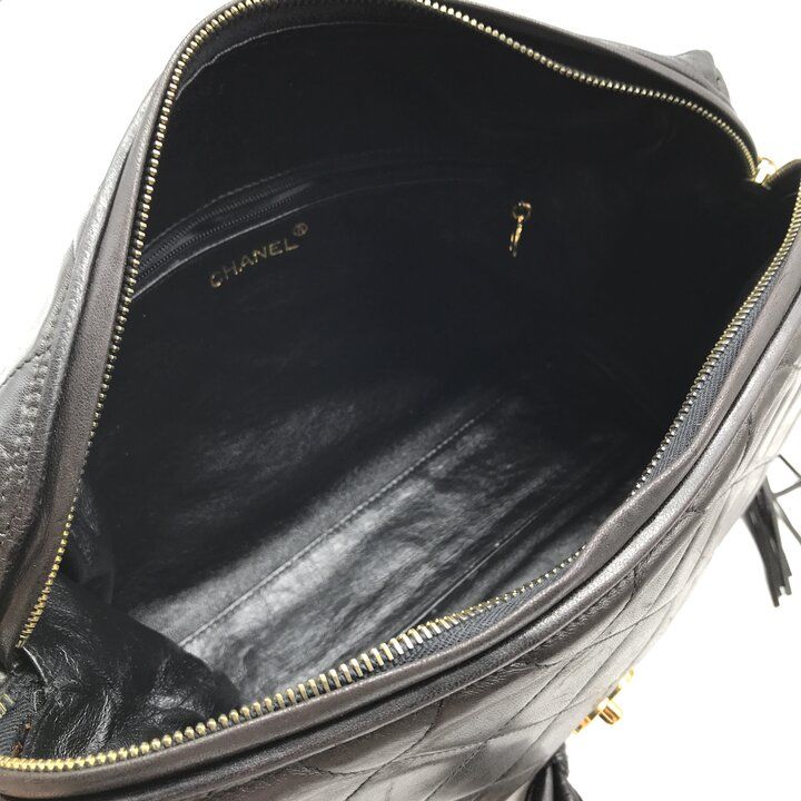 Chanel CC Logo Quilted Lambskin Leather Fringe Shoulder Bag Crossbody Black — view 8