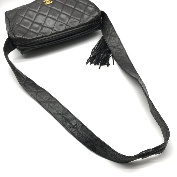 Chanel CC Logo Quilted Lambskin Leather Fringe Shoulder Bag Crossbody Black — view 7