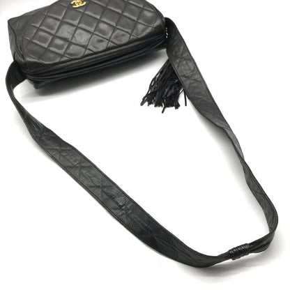 Chanel CC Logo Quilted Lambskin Leather Fringe Shoulder Bag Crossbody Black — view 7