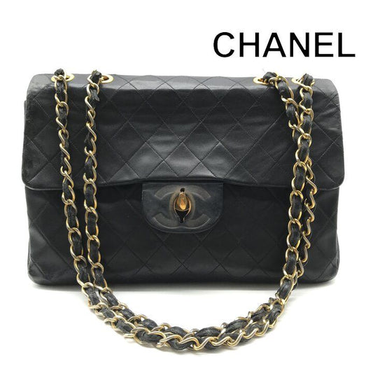 Chanel CC Logo Big Quilted Lambskin Chain Shoulder Bag Crossbody Black