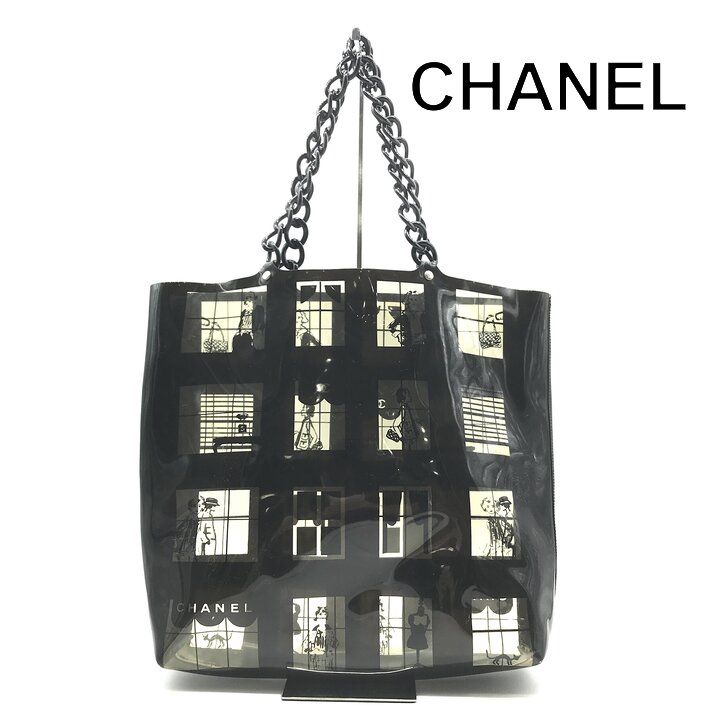 Chanel CC Logo Window Line Vinyl Tote Shoulder Bag Plastic Chain Black