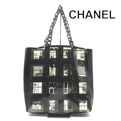Chanel CC Logo Window Line Vinyl Tote Shoulder Bag Plastic Chain Black